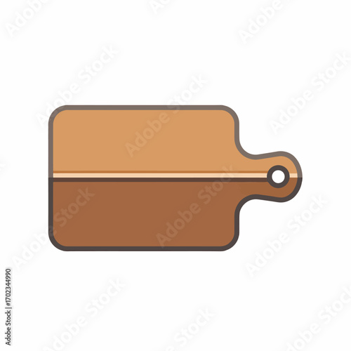 A simple, stylized illustration of a wooden cutting board with a handle and a hole, featuring a two-tone design.