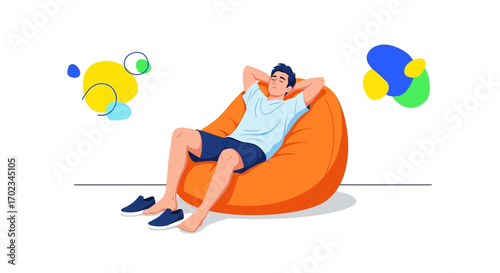 A Relaxed Man Lounging On A BeanBag Chair With Closed Eyes Resting And Smiling