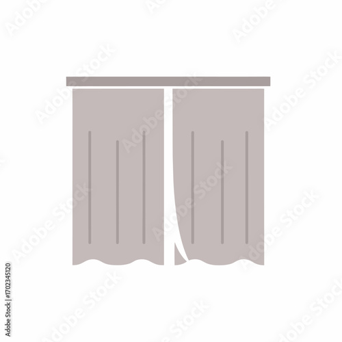 A simple, flat illustration of light grey curtains hanging from a rod, slightly parted in the center.