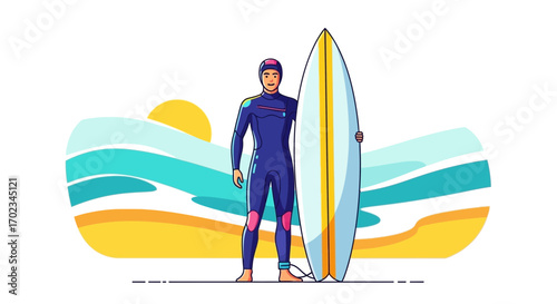 Athlete In Wetsuit Stands Beside A Surfboard On A Beach Ready For Surfing