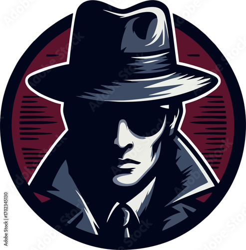 Stylized Noir Detective Portrait with Black Fedora and Trench Coat on Red Circular Background