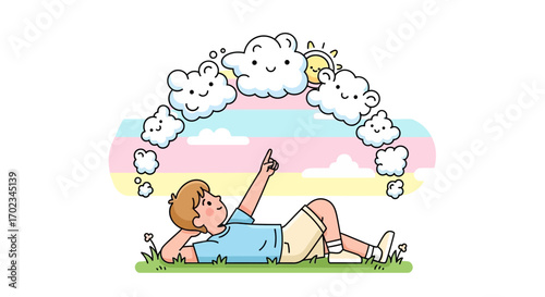 A Relaxed Young Person Points To His Dreams And Fantasies Under A Cheerful Sky