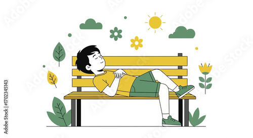 A Relaxing Moment: Young Person Resting on Park Bench Under Sunny Skies