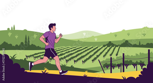 Athlete Jogging Across Rolling Vineyard Landscape Under a Clear and Bright Sky
