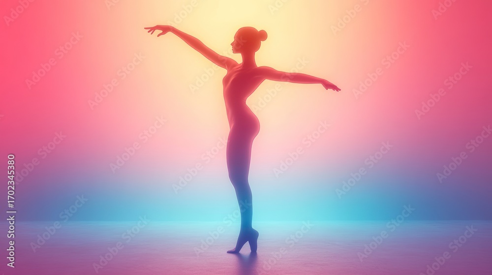 Fototapeta premium Graceful ballerina silhouette, vibrant gradient background, studio shot, artistic posing, for digital art or aesthetic