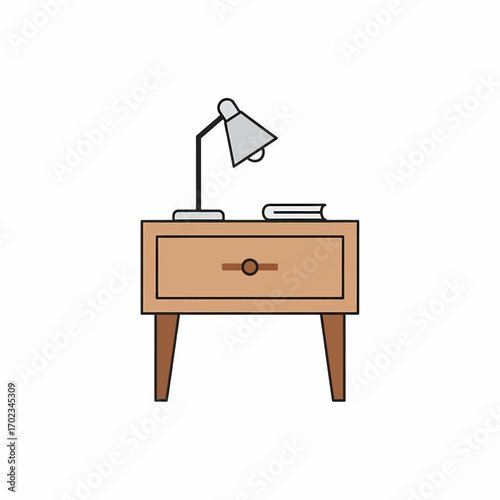 A simple illustration of a wooden nightstand with a grey desk lamp and a white book on top, perfect for a bedroom setting.