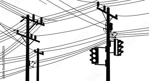 Traffic lights and power poles with multiple electrical wires, urban utility infrastructure, city power lines, electrical transmission, traffic signal system, overhead cables, 