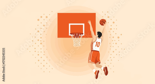 Athlete Performing a Skilled Slam Dunk in a Dynamic Basketball Game Action Scene Illustration