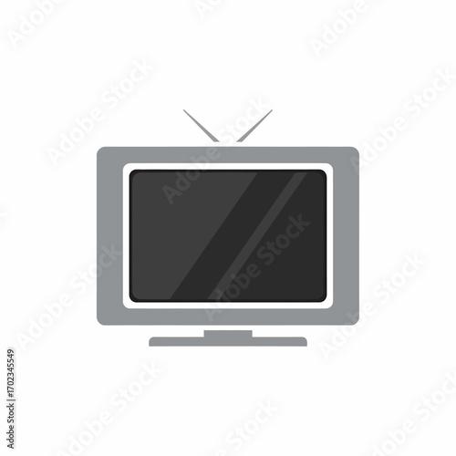 A flat cartoon illustration of a vintage grey television set with rabbit ear antennas and a dark screen.