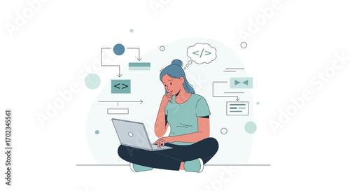 A Thoughtful Woman Programming with Digital Concepts and Analytical Diagrams Shown
