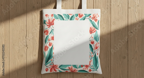 Blank White Tote Bag with Floral Design on Rustic Wooden Wall Mockup
