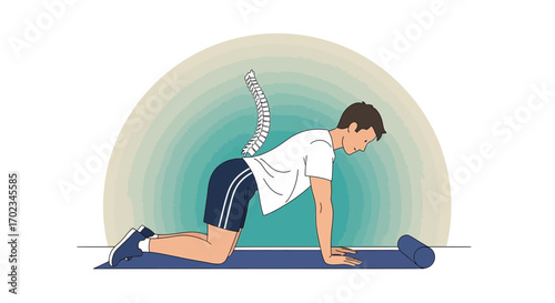 Athlete Performs Exercise Focusing On Back Health and Spinal Mobility With Anatomical Representation