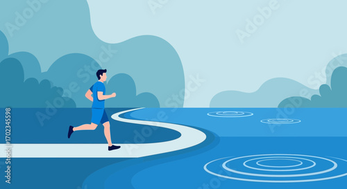 Athlete Practices Jogging Along The Winding Blue Path, Embracing A Healthy Lifestyle
