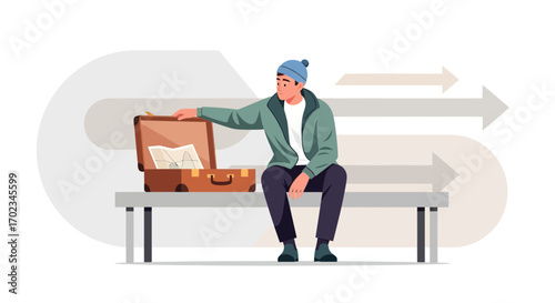 A Traveler Contemplating His Next Adventure Whilst Resting On A Bench, Discovering Trails