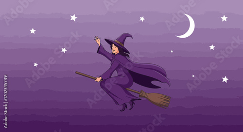 A Witch Soaring Through The Night Sky on A Broom During A Festive Halloween Celebration