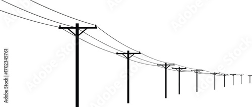 Electric power lines stretching into distance, utility poles with cables, energy transmission infrastructure, rural landscape, electrical distribution, power supply network, clear sky, long road.