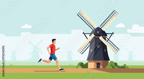 Athlete Running Past A Windmill On A Serene Meadow In A Flat Vector Illustration