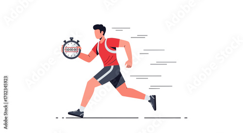 Athlete Running Towards Finish Line With Stopwatch Depicting Time and Speed Concept