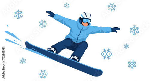 Athlete Snowboarder Performs Mid-Air Stunt Surrounded By Snowflakes On a Bright Winter Day