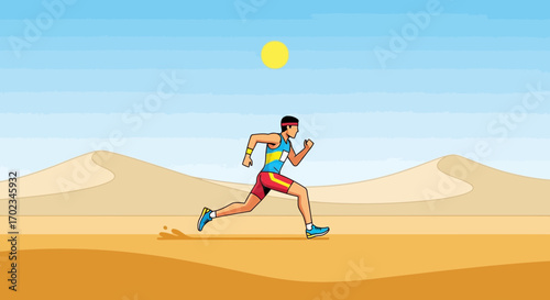 Athlete Sprinting Across Desert Landscape Under Sunny Sky Visualization Illustration