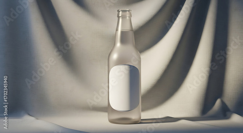 Minimalist Frosted Bottle Mockup on Textured White Fabric with Dramatic Shadows