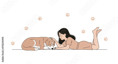 A Woman Tenderly Caresses Her Gentle Dog While Lying Peacefully Together