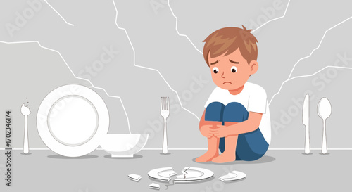 A Worried Child with a Broken Dish Reflects on a Calamitous Situation