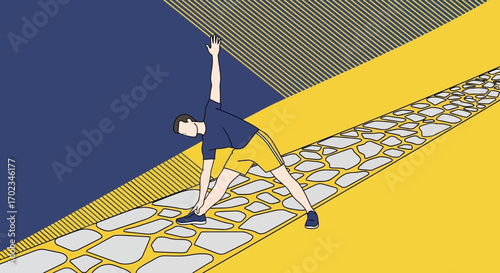Athlete Stretching, Fitness Concept, Geometric Illustration with Bright Colors and Modern