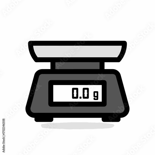 A simple cartoon illustration of a digital kitchen scale displaying zero grams.