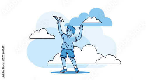 A Young Boy Joyfully Launching A Paper Airplane Into A Sky Filled With Clouds And Hope