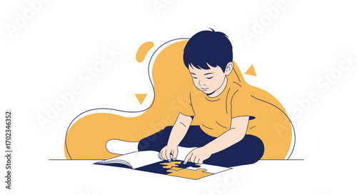 A Young Child Engrossed In Solving a Puzzle, Creative Illustration Style Presentation