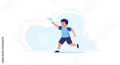 A Young Boy Running While Launching A Paper Plane Into The Skies