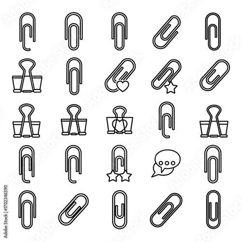 A collection of various paperclip and binder clip illustrations in a simple, clean design.