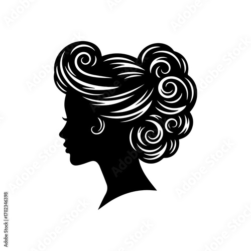 Retro Girl Profile Silhouette with Curly Hairstyle