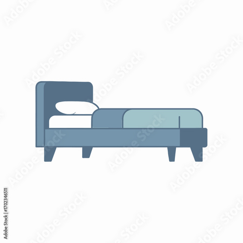 A simple blue bed with a white pillow and blanket, depicted in a flat design style.