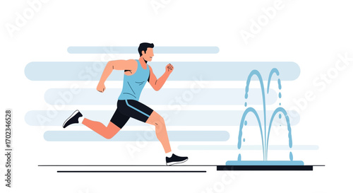 Athletic Man Runs Beside Fountain, Representing Exercise And Urban Wellness Scene