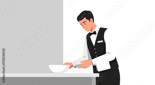 Attentive Server Placing A Bowl On The Counter, Professional Restaurant Service, Ready
