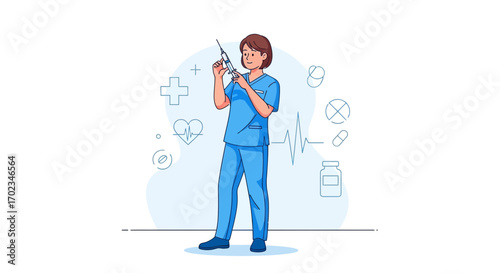 Attractive Nurse Stands Ready To Administer Injection Of Health Remedy With Syringe Prepared