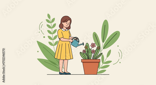A Young Girl Watering Blossoms in a Flowerpot, Nurturing Delicate Floral Beauties