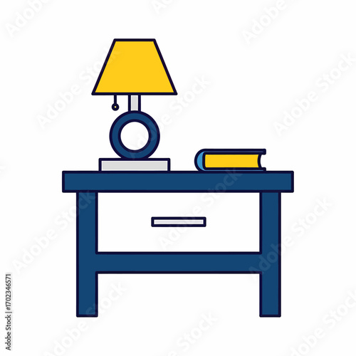A simple illustration of a blue nightstand with a yellow lamp and a book on top.