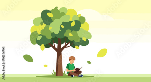A Young Person Reads Underneath Majestic Tree Canopy, Perfect For Illustrations And Designs