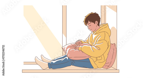 A Young Person, Sitting and Enjoying a Quiet Moment by a Window in Cozy Sunlight