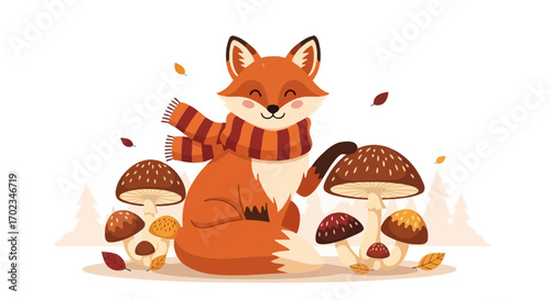Autumn's Charming Fox Sitting With Mushrooms, Adorned In A Cozy Seasonal Motif