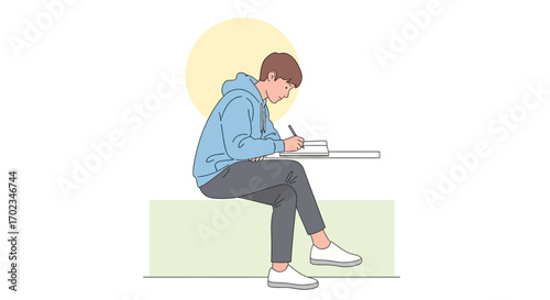 A Young Student Concentrating On His Homework On Brightly Lit Day For School