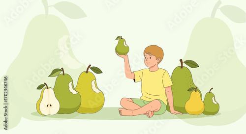 A Young Person Joyfully Holding Up a Pear Amongst Several Fresh Fruit Elements