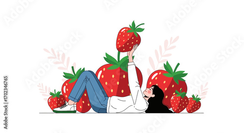 A Young Woman Enjoying Fresh Strawberries Amidst A Whimsical Artistic Display