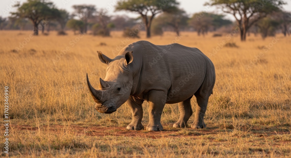 Fototapeta premium White rhinoceros stands in a dry grassy savanna with acacia trees in the background