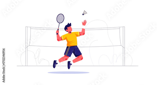 Badminton Player in Dynamic Action Hitting Shuttlecock Over Net on a White Background