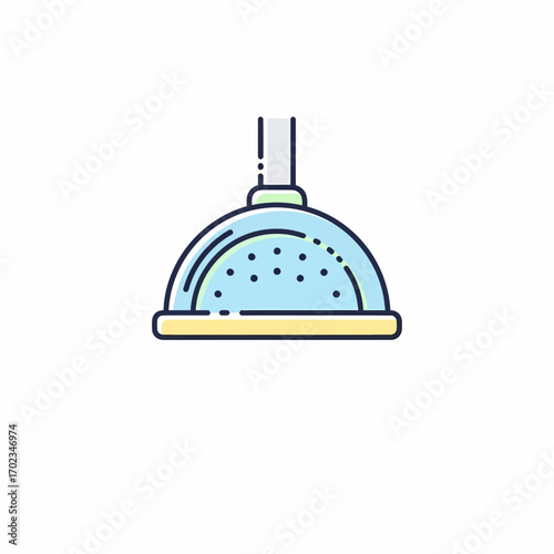 Flat design icon of a light blue kitchen colander with small holes and a yellow rim.