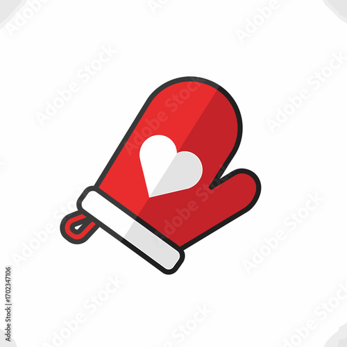 Red oven mitt with a white heart icon, symbolizing love for cooking and baking.